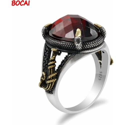 New European and American two-tone mens ring 925 silver claw inlaid red gemstone ring