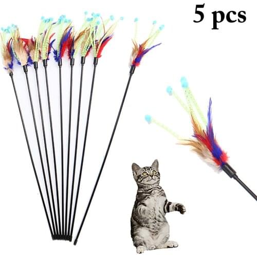 Cat Interactive Toys 5pcs Cat Teaser Wand Toy Stick Feather Interactive Play Funny Kitten Pet Training Supplies For Kitten Cats