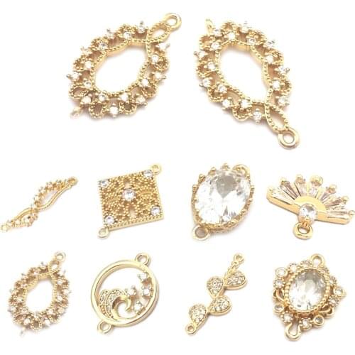 39994)10PCS 13x23MM 24K Champagne Gold Color Brass and Zircon 2 Holes Oval Shape Connect Charm Pendants Jewelry Making Supplies