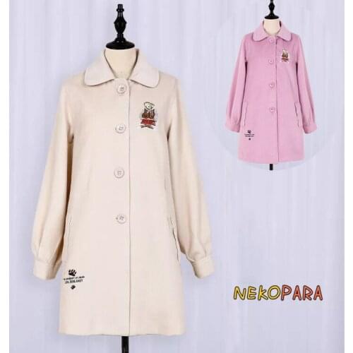 Bear Embroidery Cute Winter Long Sleeve Wool Blend Coat Long Outwear Jacket Beige & Pink