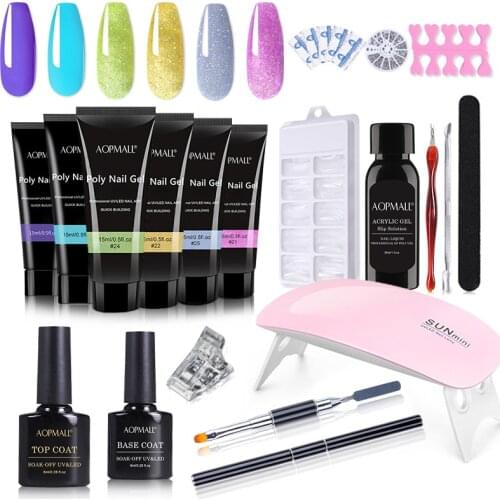 6 Color Poly Nail Gel 19 Pcs Starter Nail Kit Tools For Manicures Set 6/54W UV Lamp Nail Kit For Gel Varnish Nail Art Set