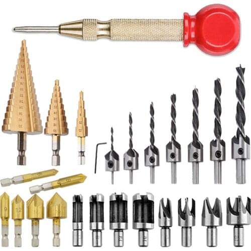 4pcs/17pcs/26pcs Drilling Set Hexagon Shank Chamfering Drill Straight Slot Step Drill Automatic Center Pin Hole Puncher Set