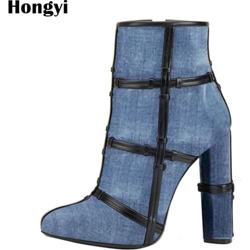Hongyi 2018 New Brand Large Size 34-43 Customized Denim Pointed Toe Woman Shoes Women Sexy Super High Heeled Ankle Boots