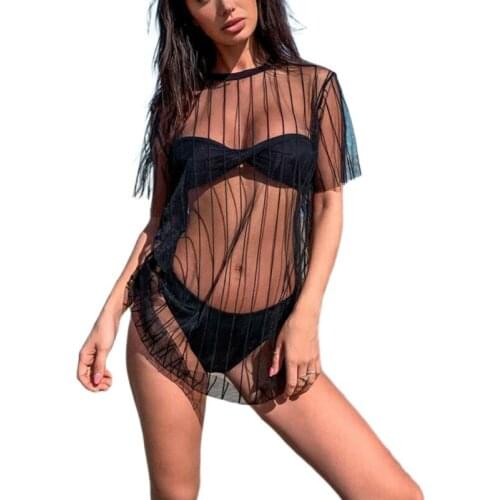 2020 New Arrival Sexy Solid See Through Transparent Short Sleeve Fishnet Cover-Ups Summer Beach Swimwear Evening Party Clubwear