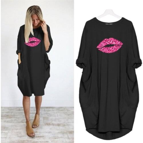 Pyjamas Women Sexy Nightwear Lips Print Long Sleeve Pocket Sundresses Party Vintage Femme Nightdress Loose Streetwear