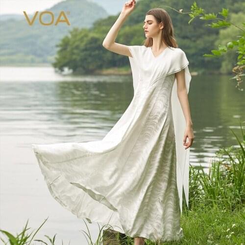 VOA Silk Jacquard Crescent White V-neck Pullover Sleeveless Lace-up Georgette Splicing Shawl Elegant Lady Dress Female AE978