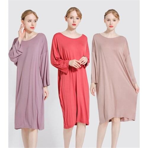 Modal nightdress female loose large size Nightgown home service long pregnant women coral red Sleepwear dress пижама round neck