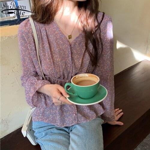 Long Sleeve Slim-waist Sweet Casual Women Shirts Ladies Boho Print Purple Pullover Tops Floral Print Ruffle Trim Blouse 11314