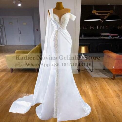 Long White Satin Mermaid Wedding Dress 2021 with Pearls Bridal Gown Vestidos De Novia