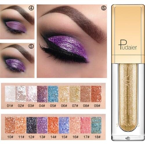 Pudaier Liquid Glitter Eyeshadow 18 Colors Waterproof Pigments Gold Purple Metalic Gel Eye Shadow Cream Makeup Cut Crease TSLM2