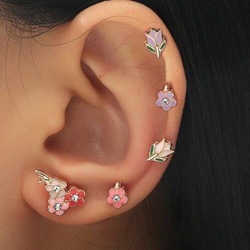 5 pcs/set Cute Geometric Flowers Crystal Stud Earrings Set for Women Gift Cartilage Piercing Brincos Ears Jewelry