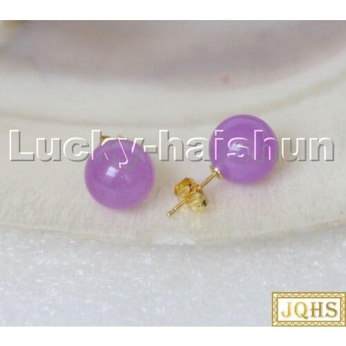 AAA natural Studs 10mm round purple Jade beads Earrings 14K gold post c292