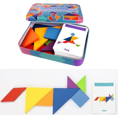 Wood Tangram Puzzle Brain Teaser Pattern Block Sorting Challenge IQ Educational Toy 7 Pieces Blocks and 60 Cards in Iron Box