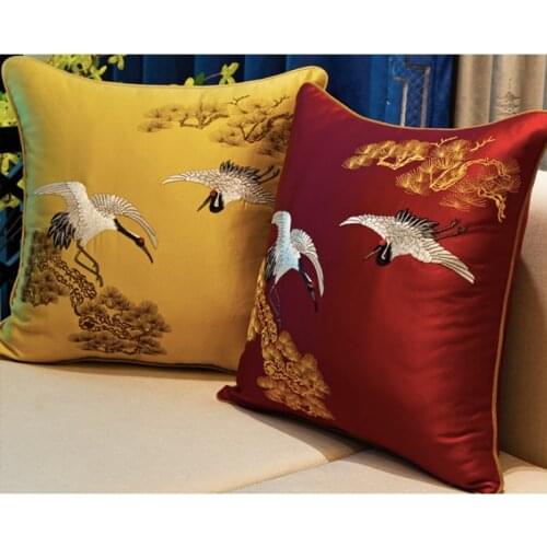 DUNXDECO Cushion Cover Decorative Pillow Case Modern Chinese The Pines and Cranes Luxury Embroidery Coussin Sofa Decorating