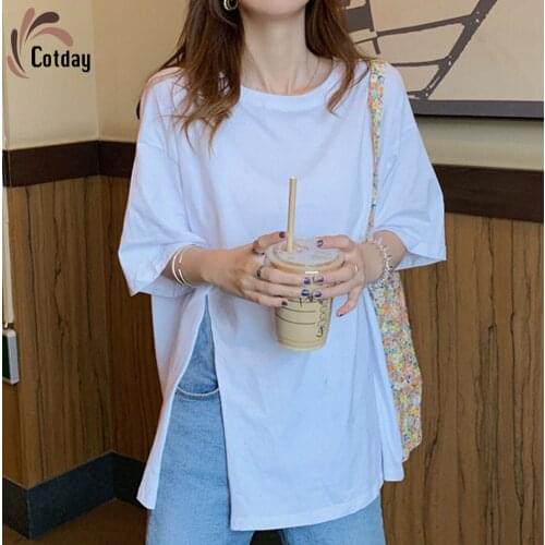 Cotday Super Fire Design 2021 New Summer White Casual Side Split T-shirt Split Sweet Female Short Sleeve Loose Lazy Wind Top