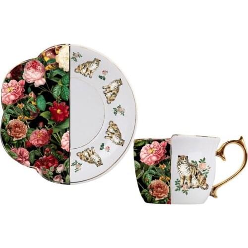 European style retro rose irregular ceramic coffee cup and saucer luxury gold-plated tea set afternoon tea cup set