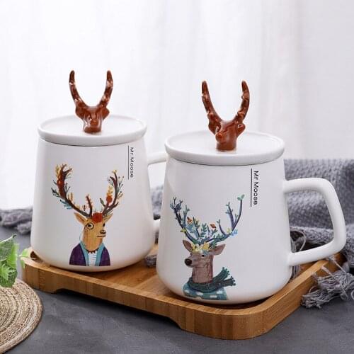 Nordic Style Creative Antler Ceramic Cups with Lid Cartoon Cup Student Couple mug Coffee Cup Grandparents Gifts cups and mugs