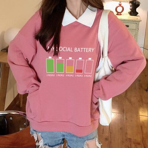 Cute Womens Tracksuits Hooded Sweatshirts Women Cotton Korean Fashion Oversized Hoodies for Girls My Social Battery Pullover