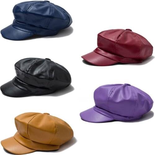 Retro Women Ladies Autumn Winter Beret Hat PU Leather British Style Flat Top Octagonal Cap Adjustable Female Hat Y1QD