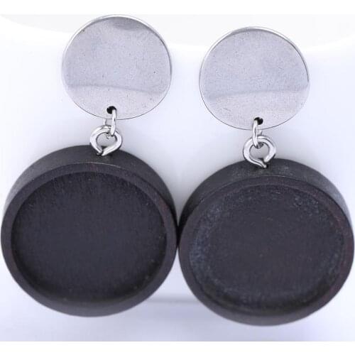 6pcs black wood earring base blanks 18mm dia cabochon setting bezels diy earrings stud posts findings