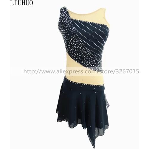 Figure Skating Dress Womens Girls' Ice Skating Dress Dark grey round neck sleeveless style Shiny rhinestone Roller skating