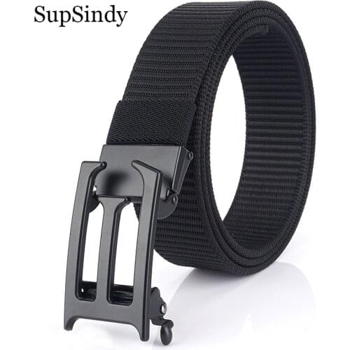 SupSindy Man nylon belt luxury black metal automatic buckle Canvas Belts for men fashion jeans Waistband Casual male strap Green