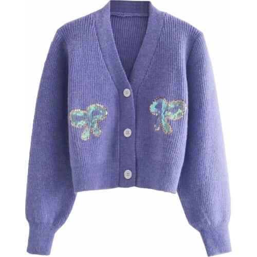 Klacwaya sexy v neck women short cardigan 2020 summer bow sequins ladies sweaters purple casual female knitwears girls shirts