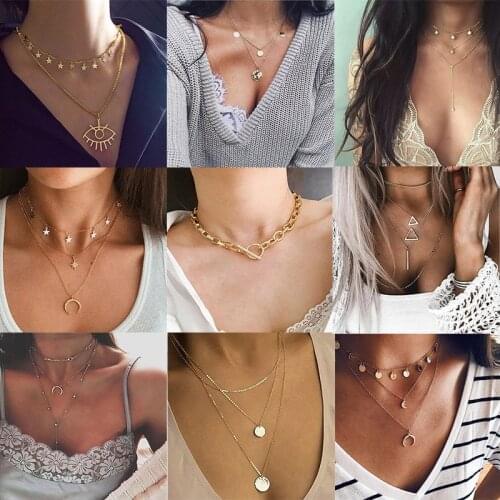 New Bohemian Multi Layered Necklace for Women 2020 Vintage Portrait Coin Star Moon Pendant Necklace Geometric Collier Collares