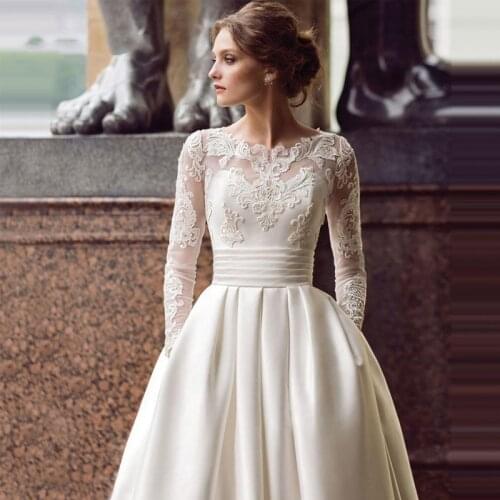 Princess Long Sleeve Boho Wedding Dress White Ivory Satin Appliqued A-line Bridal Gown with Pockets Vestidos de Novia