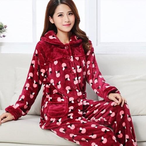 Girls Winter Warm Sleepwear Women Flannel Pajamas Adult Coral Fleece Long Sleeves Homewear Students Casual Nightgown D-2049