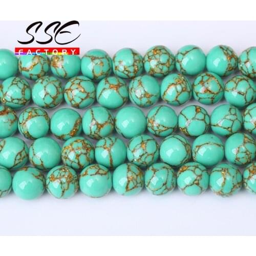 Gold Line Green Turquoises Stone Beads Round Loose Beads For Jewelry Making DIY Bracelets Accessories 15'Strands 4/6/8/10/12mm