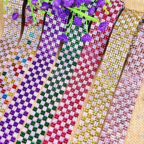 2 Yard 3 Row/5 Rows Rainbow Hotfix Rhinestones Chain Trim Strass Resin Banding Mesh Bridal Crystal Appliques For Wedding Dress