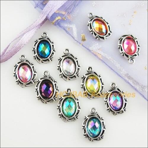 30 New Oval Charms Tibetan Silver Tone Flower Acrylic Mixed AB Pendants 11x15mm
