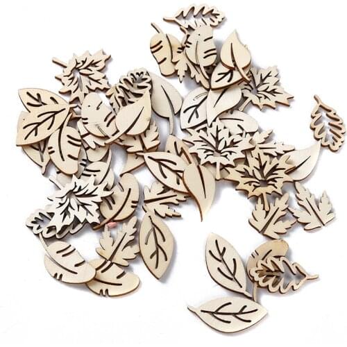 50pcs Natural Wood Chips Embellishments Scrapbooking Crafts Supplies Handmade Leaves Art Graffiti Button Mix Leaf