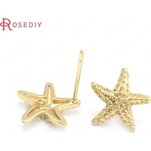 40420)6PCS 12MM 24K Gold Color Brass Starfish Stud Earrings Pins Earrings Jewelry Making Supplies Diy Findings Accessories