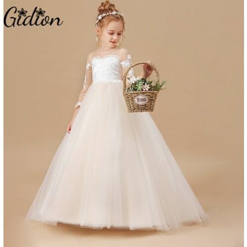 Girls Banquet Dress Baby Kids Clothes White Wedding Children Clothing Invisible Neckline Girl Applique Long Sleeve Dresses