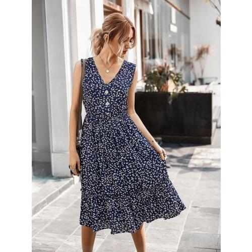 GOOHOJIO Boho Floral Print Long Dress Women V Neck Sleeveless Button Fashion Beach Ruffles Dresses Women Sundresses Vestidos