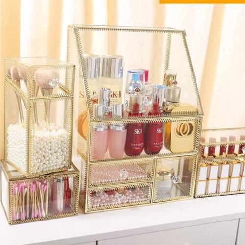 Geometric Glass Makeup Brush Box Holder Jewelry Box Pencil Bucket Makeup Organizer Desktop Cosmetic Storage Box Pearls Barrel