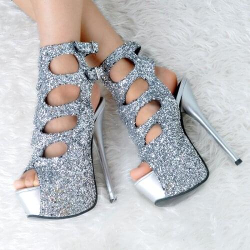 Summer Bling Bling Sequins Hollow out Sandal Ankle Boots Platform Peep toe Women Buckle Bottines High Heels Sandal Shoes Woman