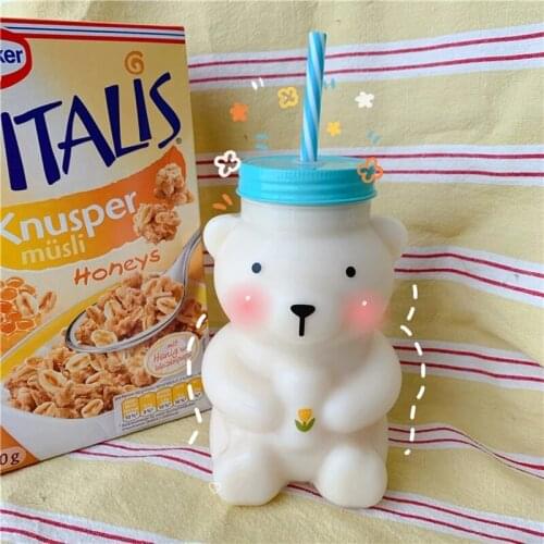 Summer Little Bear Glass Straw Cup Net Celebrity Ins Water Cups Anti-Scalding Water Mug Juice Milk Cup Cartoon Straw Gifts