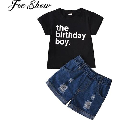 Summer Children Clothing Kid Boy Funny Clothes Set Birthday Boy Letter Print T-Shirt Top Ripped Denim Shorts Birthday Party Wear