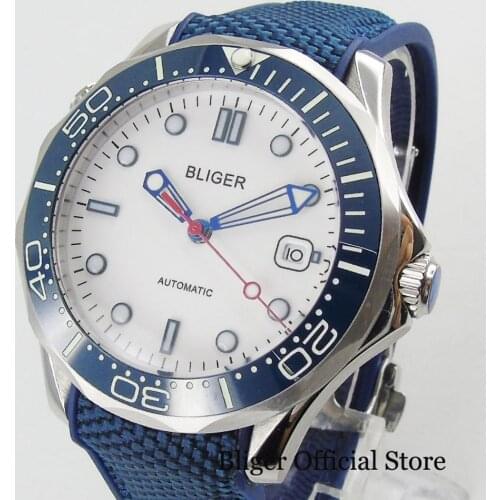 BLIGER 41mm Mens Watch White Dial With Date Window Rubber Strap Pin Clasp Mental Watch Case