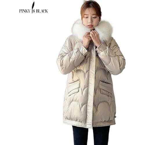PinkyIsBlack 2021 New Winter Womens Coat Fur Hooded Female Warm Cotton Padded Jacket Winter Ladies Parkas Long Women Clothing