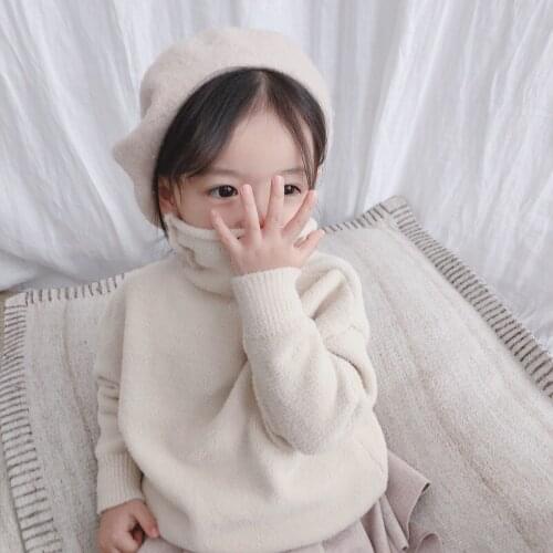 NEW girls sweaters mink cashmere autumn and winter kids sweaters high collar thermal outwear simple sweet baby girls sweaters