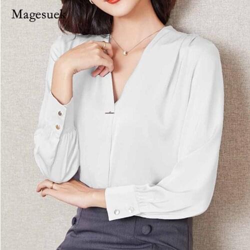 Autumn 2020 New Fashion Women Blouse Plus Size Loose Women Tops Shirt Long Sleeve V-neck Korean Satin Blouse Blusas Mujer 10853