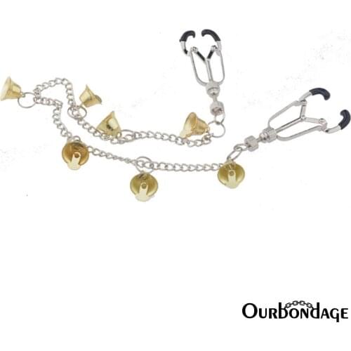 Ourbondage Metal Crab‘s Claw Shape Clover Screw Nipple Clamps Clips With Chains Bells Adult Sex Toys For Women Lesbian