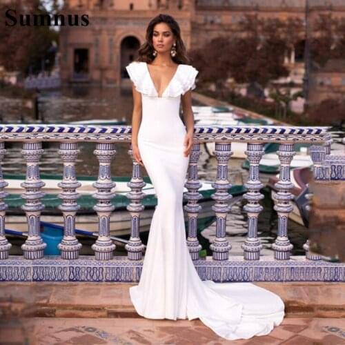 Sumnus Sexy Backless Mermaid Wedding Dresses Ruffles Sleeves Satin Boho Bridal Gowns Plus Size Custom Made robe de mariee