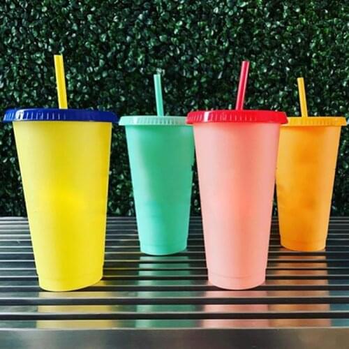 1PC 710ML Plastic Temperature Change Color Cup Colorful Cold Water Color Changing Coffee Cup Mug Water Bottles With Lid/Straw