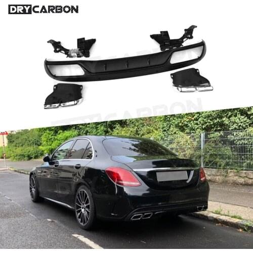 PP Rear Bumper Lip Diffuser with Exhaust Tip For C Class Benz W205 Sport 4 Door Change to C63 AMG 2015-2017 Not for standard