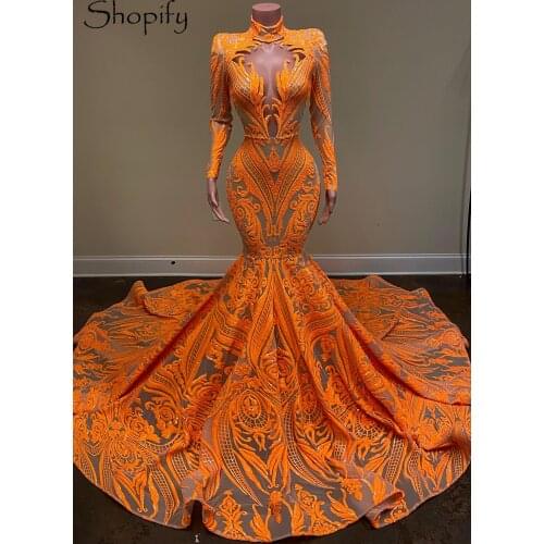 Long Sleeve High Neck Long Prom Dresses 2021 Sexy Mermaid Style Orange Sequin African Blacl Girls Prom Gala Gowns